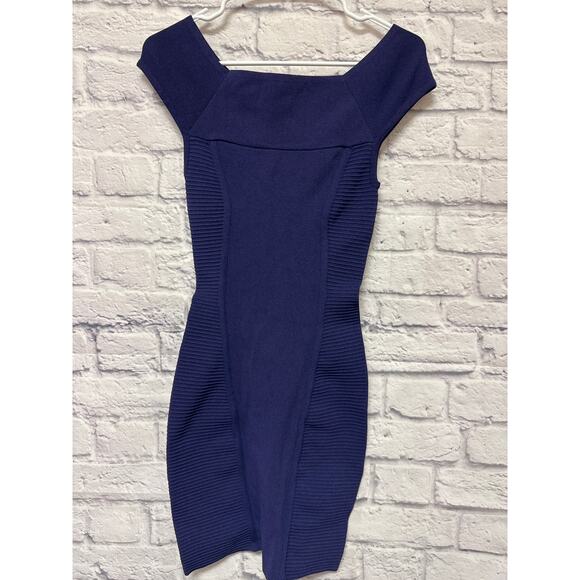 Bebe Deep Purple Ribbed Boatneck Bodycon Mini Sexy Cap Sleeve Dress SZ SM NWOT - Picture 1 of 4